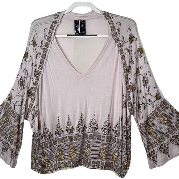 Free People Medallion Printed V-Neck Top Boho size Large - Picture 1 of 11